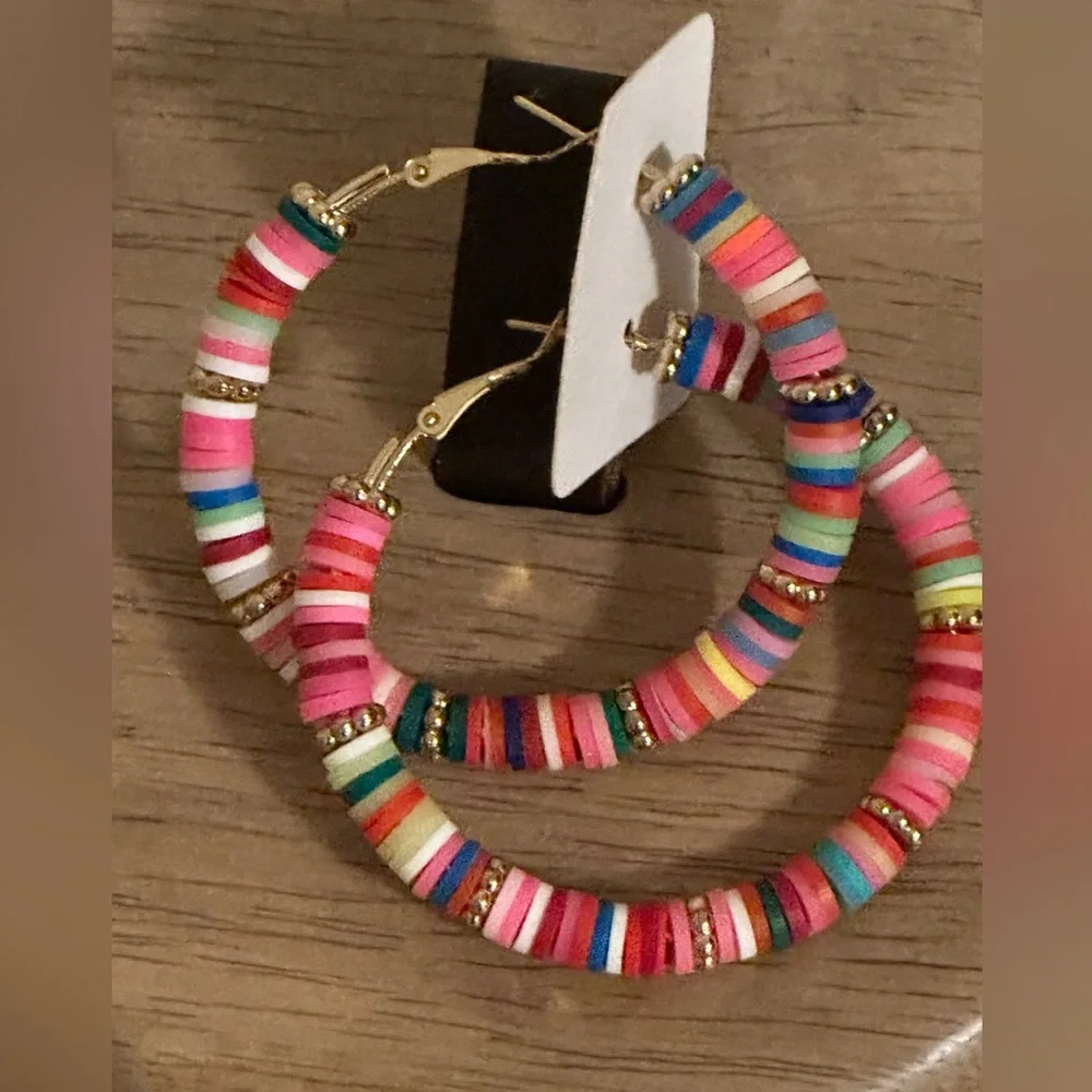 3/$10 bundle deal** Homemade earrings colorful hoops 2.5 inch, great gift - Picture 2 of 4